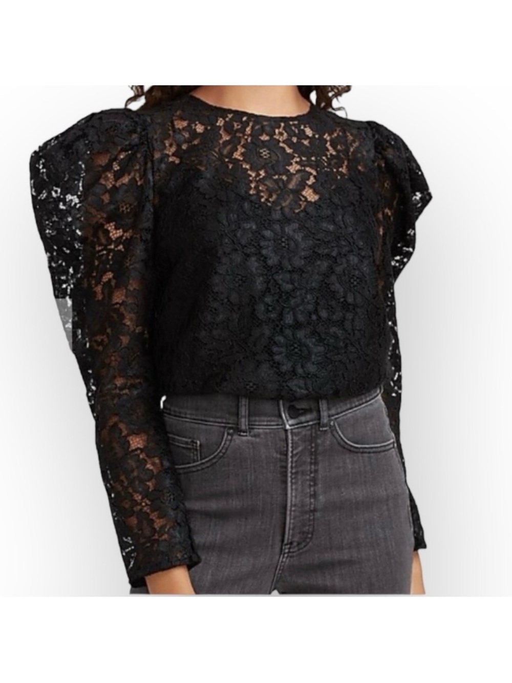 NWT Black Lace Dramatic Puff-Sleeve Blouse Womens Small